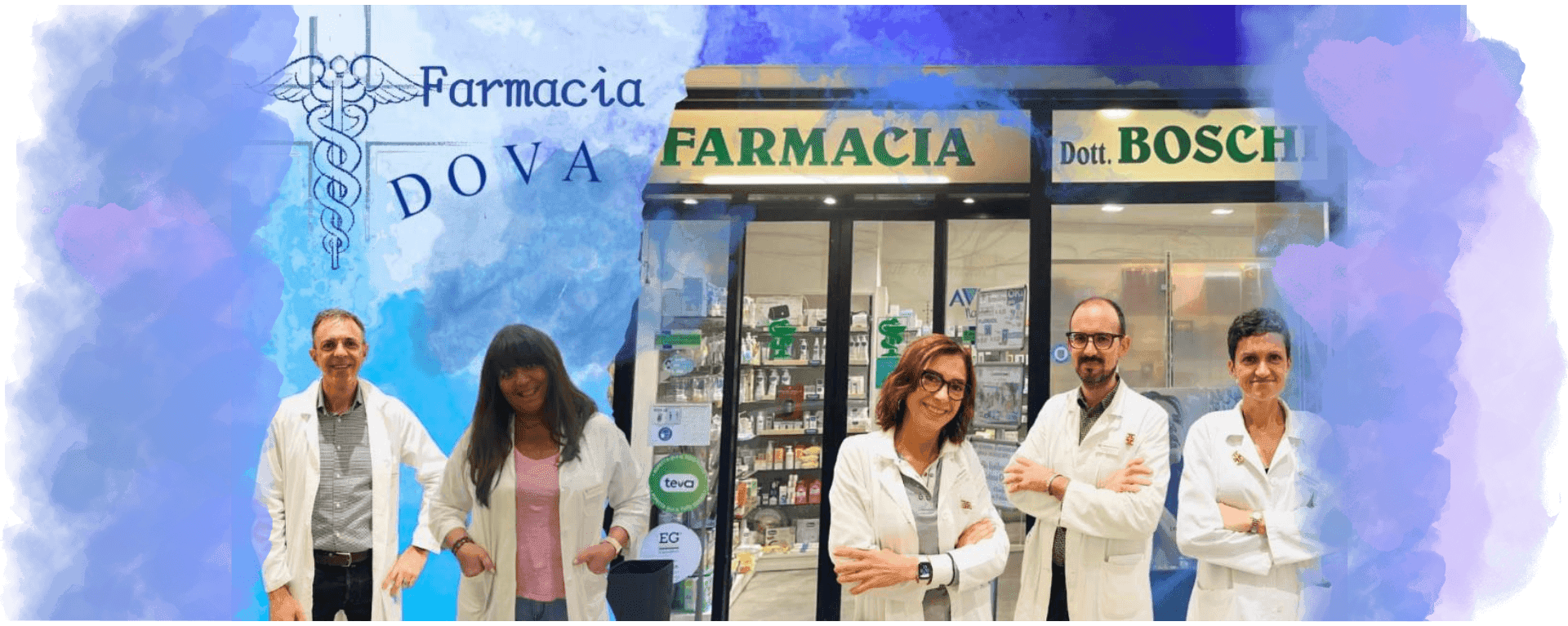 Lo staff della Farmacia Dova, cinque persone in camice bianco, davanti alla vetrina con l’insegna Farmacia Dott. Boschi