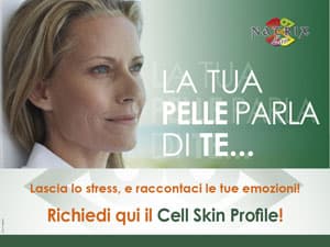 Locandina promozionale Natrix: «LA TUA PELLE PARLA DI TE… Lascia lo stress, e raccontaci le tue emozioni! Richiedi qui il Cell Skin Profile!»