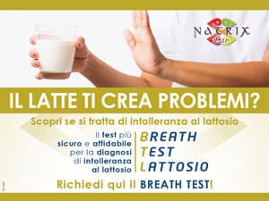 Locandina NatrixLab del Breath Test Lattosio con una mano che rifiuta un bicchiere di latte.