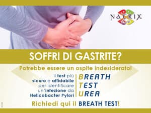 Locandina Natrix Lab del Breath Test Urea, con una persona con le mani sullo stomaco e il testo “SOFFRI DI GASTRITE?”.