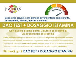Locandina NatrixLab del DAO Test + Dosaggio Istamina con indicatore a lancetta e scritta HISTAMINE.