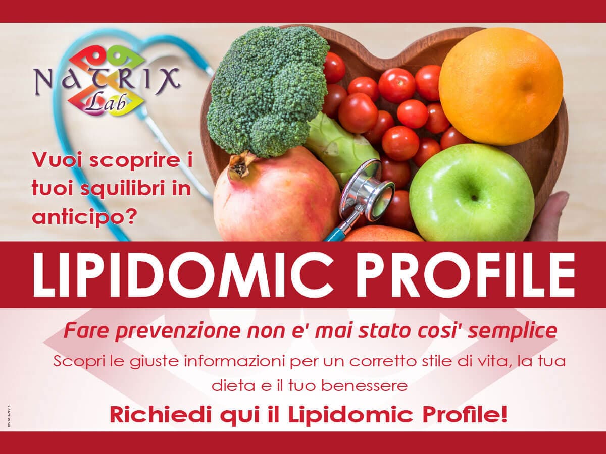 Locandina Natrix Lab Lipidomic Profile con frutta e verdura in un vassoio a cuore e stetoscopio.