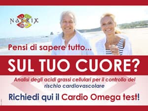 Locandina Natrix Lab con una coppia di anziani sorridenti al mare e il testo «Pensi di sapere tutto... SUL TUO CUORE? – Analisi degli acidi grassi cellulari per il controllo del rischio cardiovascolare – Richiedi qui il Cardio Omega test!»