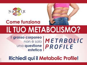 Locandina Natrix Lab Metabolic Profile: busto di donna con metro da sarta in vita.