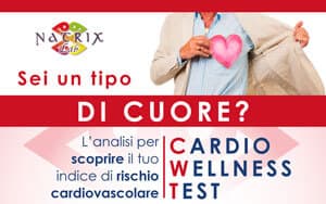 Locandina Natrix Lab Cardio Wellness Test: uomo che apre la giacca mostrando un cuore rosa.
