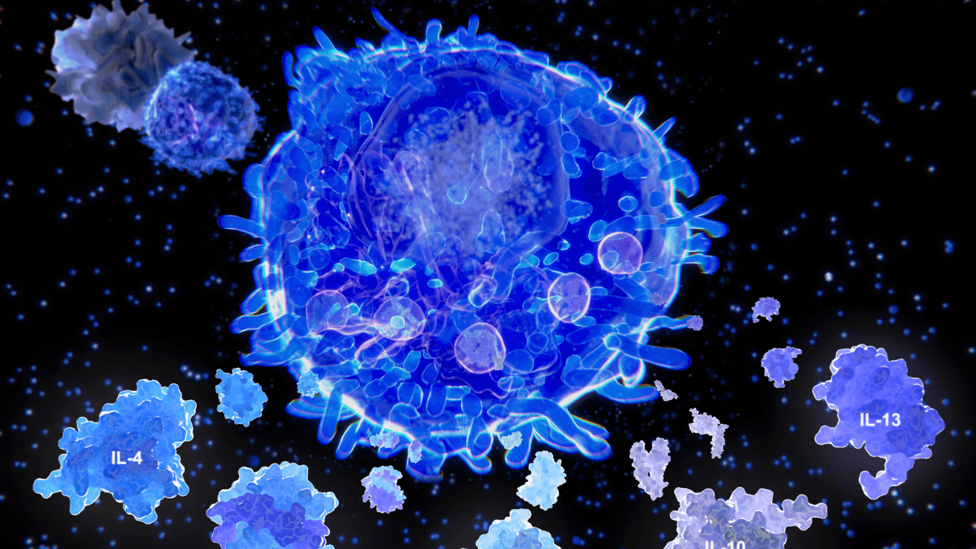 Illustrazione 3D di una cellula immunitaria blu circondata da interleuchine su fondo nero