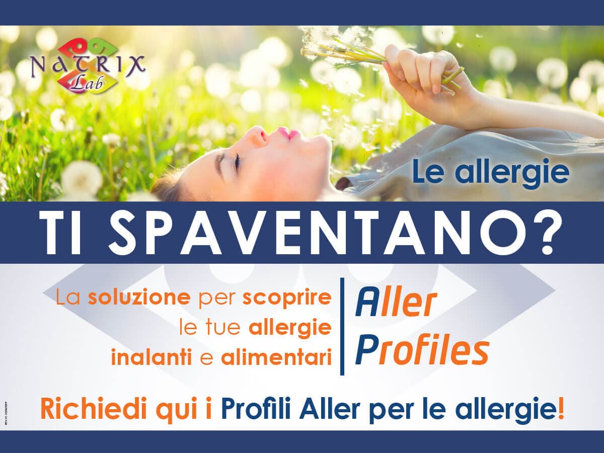 Locandina Natrix Aller Profiles con il testo «Le allergie TI SPAVENTANO?» e «Richiedi qui i Profili Aller per le allergie!»