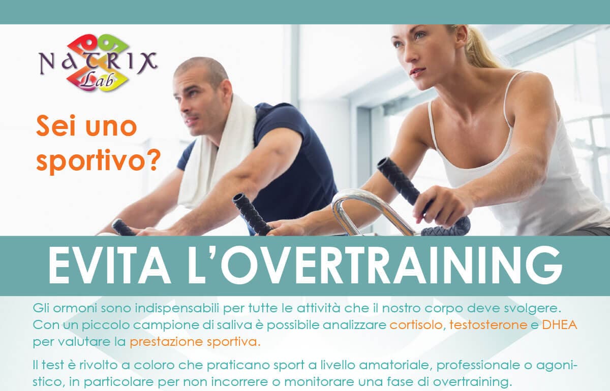 Locandina Natrix Lab con un uomo e una donna su cyclette in palestra e il testo «Sei uno sportivo? EVITA L’OVERTRAINING».