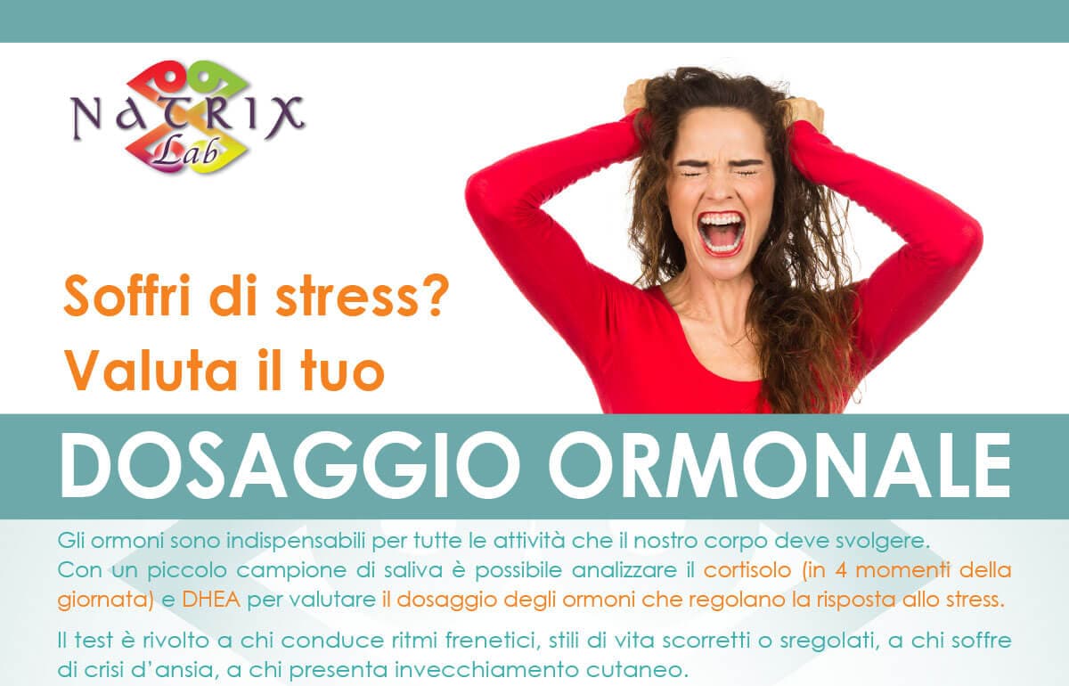 Locandina Natrix Lab: donna con maglia rossa che urla tenendosi la testa, con il testo «Soffri di stress? Valuta il tuo DOSAGGIO ORMONALE».