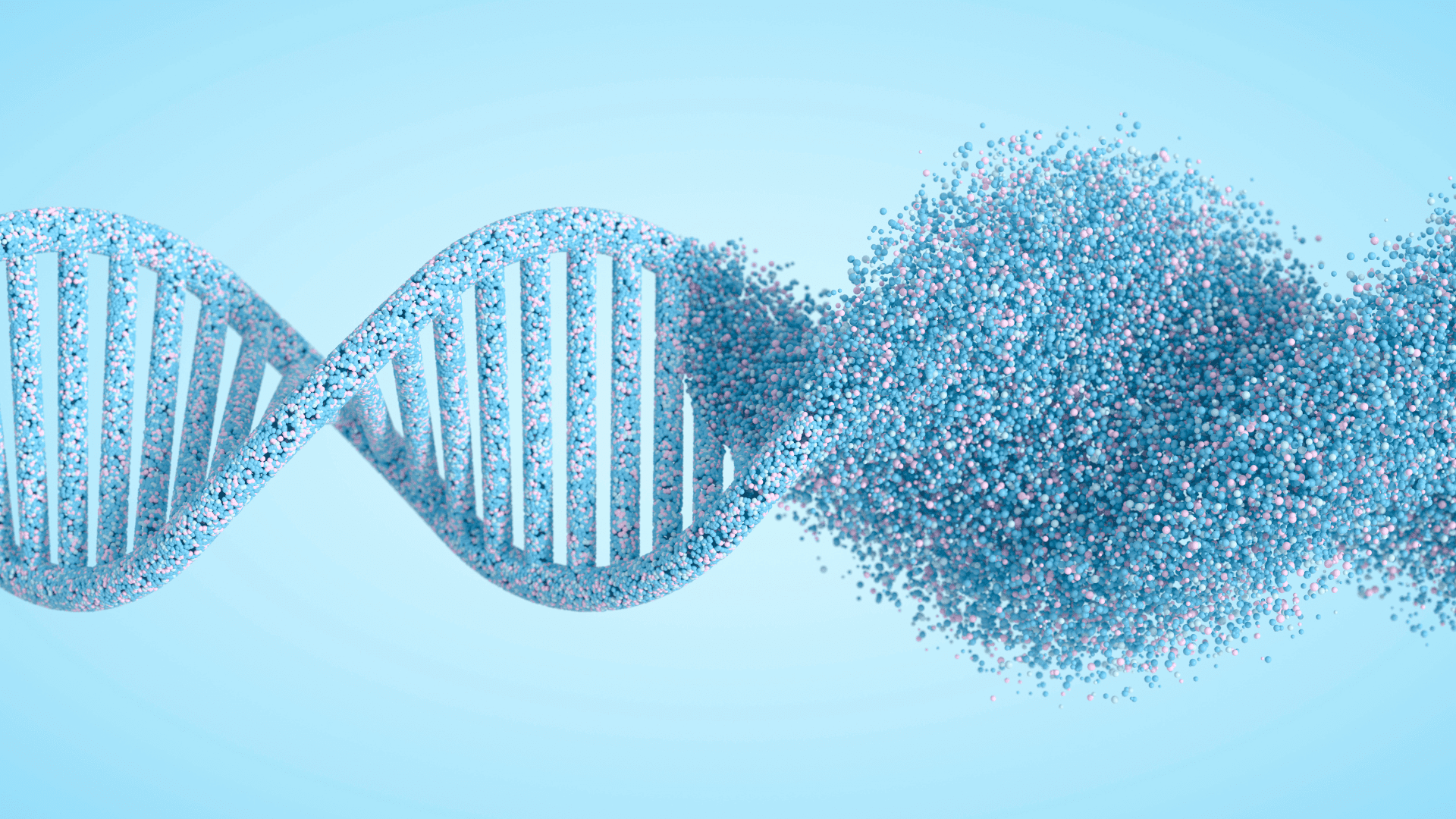 Doppia elica di DNA azzurra che si dissolve in particelle luminose