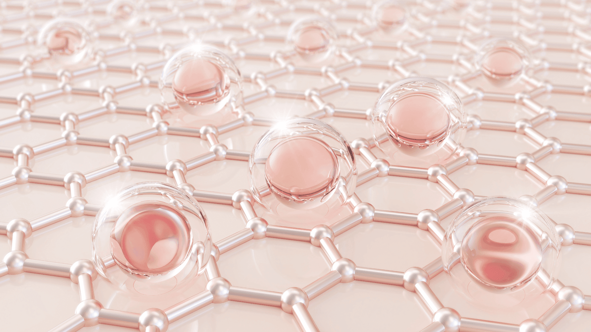 Illustrazione di sfere rosa traslucide adagiate su un reticolo esagonale chiaro
